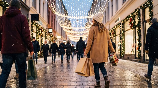 Festive Christmas shopping street with people, holiday lights over pedestrian walkway, woman carrying paper bags in winter city
