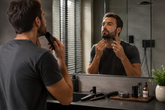Handsome young man trimming his beard with electric trimmer while looking in mirror in modern dark bathroom