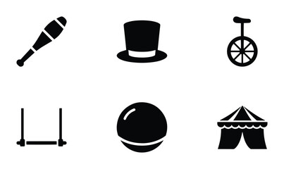 Circus Icons Set: Juggling Pins, Top Hat, Unicycle, Trapeze, Ball, Tent Graphics © Mursalin