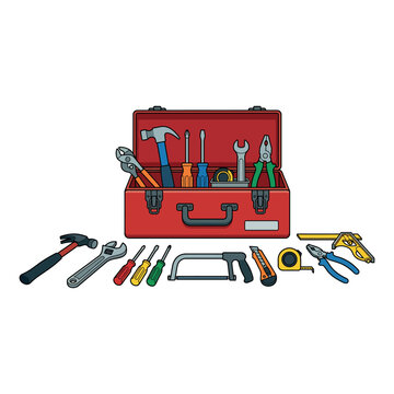 Open red metal toolbox with various hand tools vector illustration isolated on white background