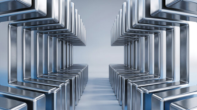 Abstract geometric corridor composed of repeating metallic chrome l shaped structures