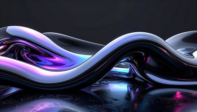Abstract three dimensional liquid metal wave in purple and blue tones on dark background