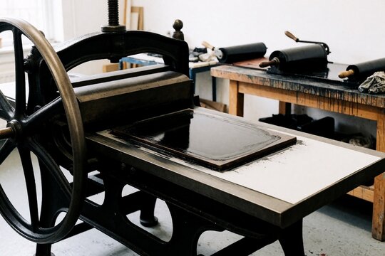 Vintage etching press in artisan printmaking workshop