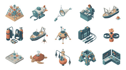 Fototapeta premium Corporate Set of Isometric Icons Featuring Marine Scientific and Space Exploration Equipment in Blue Orange and Gray