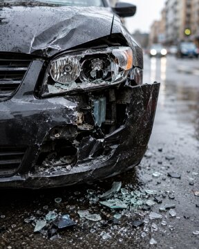 Close-up of broken headlight and crushed front bumper of black car after traffic accident with glass debris on wet asphalt. Insurance claim concept.