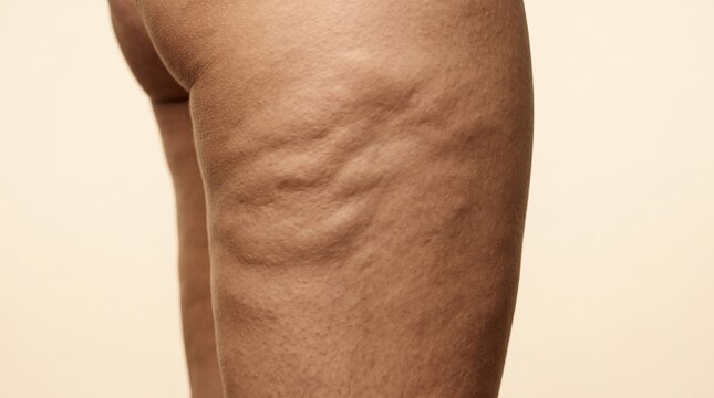 Close up of female thigh and buttocks displaying severe cellulite and orange peel skin texture