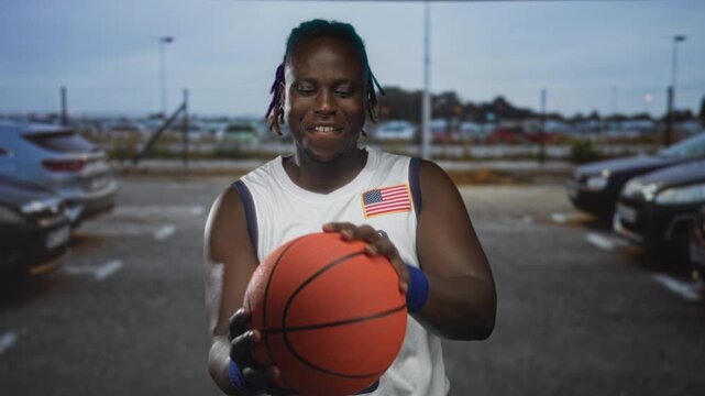 Man wearing usa basketball jersey holding a basketball and points finger to basketball in a street parking lot, smiling; playful joy.