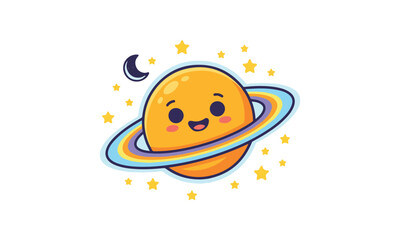 Fototapeta premium Kawaii cartoon planet with colorful rings and smiling face with stars and moon on white background