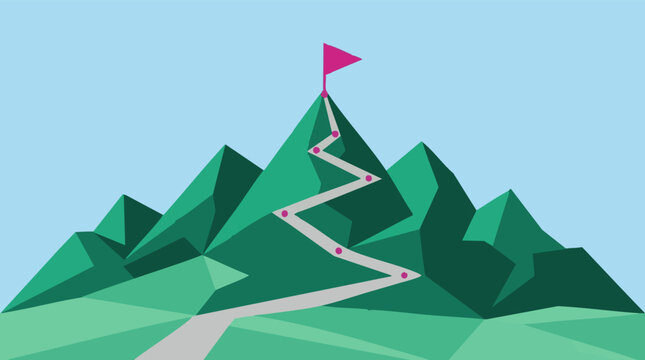 Path leading to flag on mountain peak, symbolizing goal achievement and success