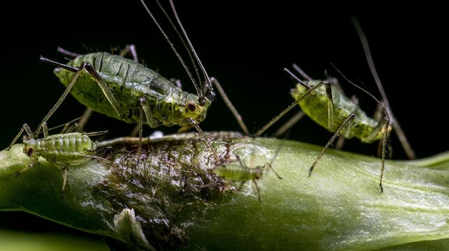 Acyrthosiphon pisum pea aphid feeding on a damaged young pod, green insect pest on developing legume plant, agricultural crop damage, plant health, pest infestation, and natural ecology
