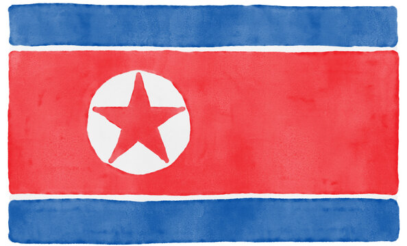 Hand drawn watercolor North Korea flag with red star emblem vector illustration isolated on white background. Handmade national banner.