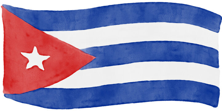 Hand drawn watercolor Cuba flag with red triangle and white star watercolor vector illustration isolated on white background. Handmade national flag drawing.
