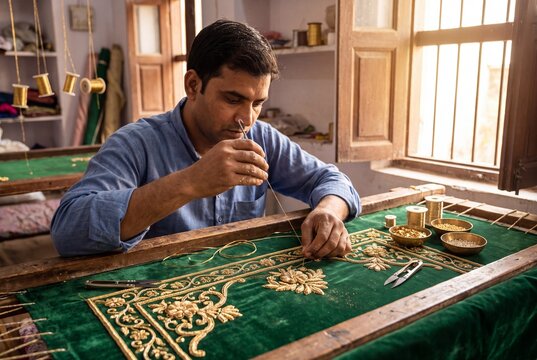 Master artisan hand stitching gold Zardozi embroidery on velvet with ari needle on wooden frame