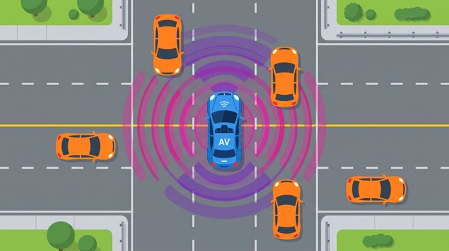 illustration of autonomous vehicle self driving car with sensor radar waves detection system, smart traffic transportation technology, blue automated car navigating intersection