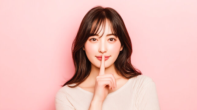 口元に指を当てて内緒のポーズをする若い女性