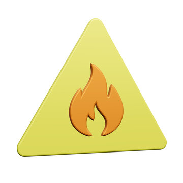 Warning sign 3D yellow triangle with fire symbol for flammable hazard alert.