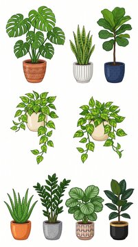 Potted indoor houseplants collection illustration including monsters snake plant fiddle leaf fig and pathos isolated on white background