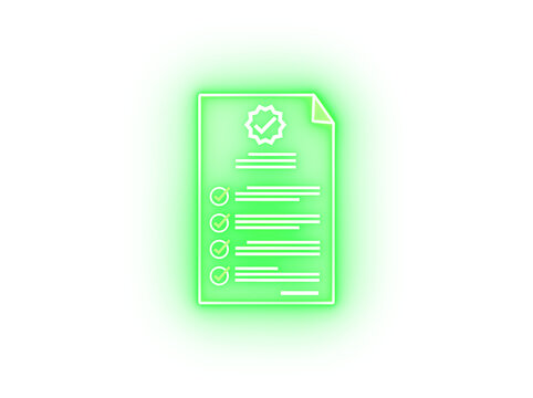 Neon Glowing Holographic Certified Checklist Document Icon, Glowing green document checklist icon with approval badge and check marks on a transparent background.