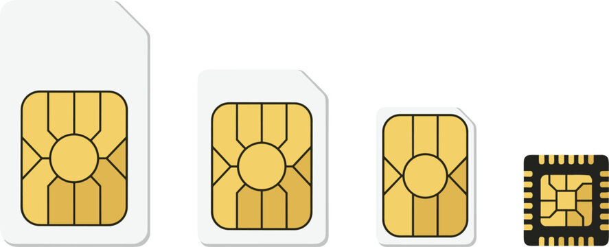 Mobile Phone SIM Card Evolution Vector Set with Standard Micro Nano and Embedded eSIM Electronic Chip Icons
