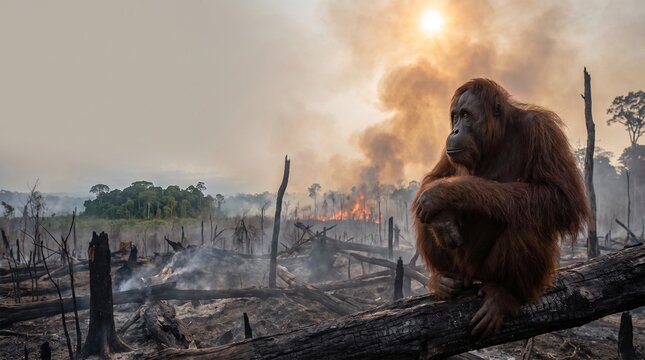 Orangutan sitting on burned log in deforested rainforest with smoke and forest fire. Useful for environmental, conservation and climate change concept.