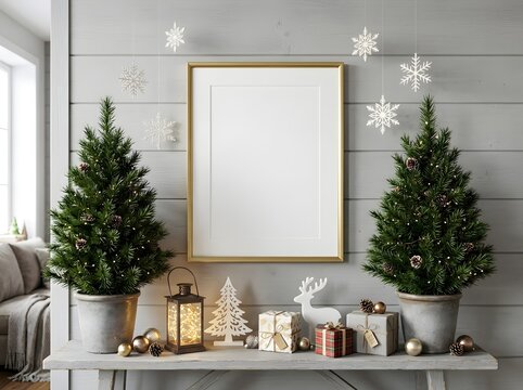 Blank vertical picture frame mockup on wall with potted Christmas trees, gift boxes, and festive decor