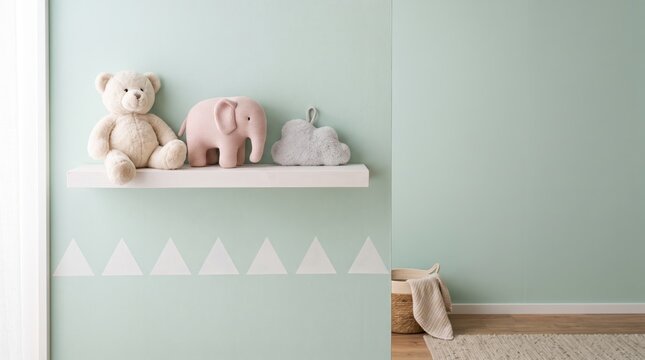 Minimalist nursery room interior featuring a white floating shelf with cute stuffed animals including a teddy bear, pink elephant, and cloud toy against a mint green wall