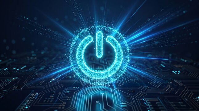 Futuristic glowing blue power button symbol hovering over a detailed electronic circuit board, representing advanced technology, system startup, artificial intelligence activation