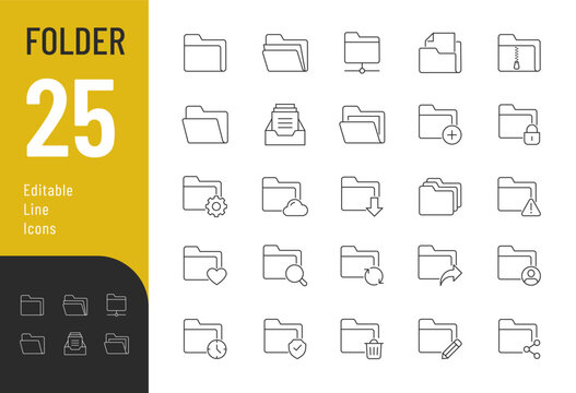 Folder line editable icons set. Vector collection of 25 file management, storage, document and folder organization outline symbols on transparent background.
