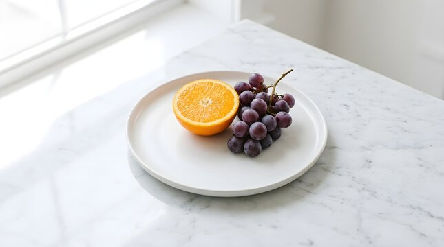 Fresh orange half and purple grapes on a white plate on a marble kitchen countertop.