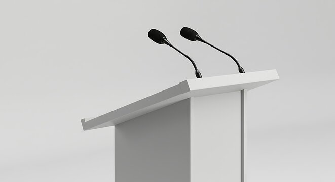 Minimalist White Podium with Two Microphones Against a Softly Lit Neutral Background.