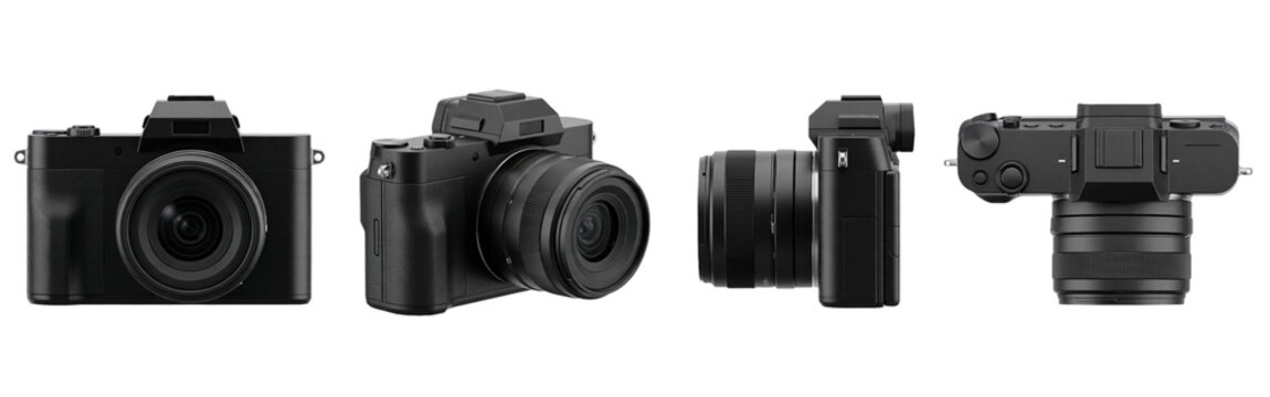 Set of modern black digital camera mockups multi angle front perspective side and top views isolated on transparent background