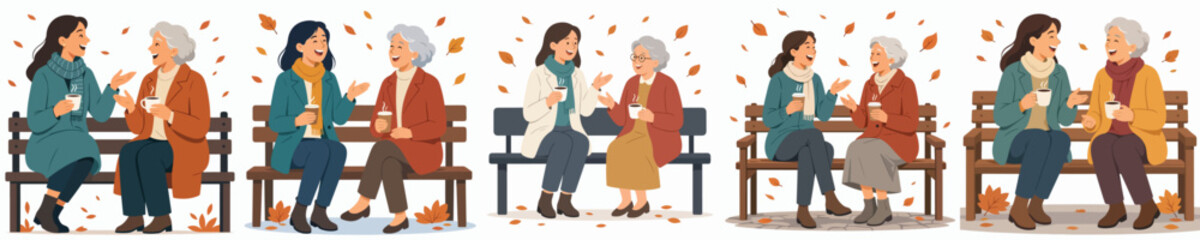 Obraz premium A flat vector illustration of a woman and a elderly woman sitting together on a park bench, talking outdoors in autumn while enjoying warm coffee