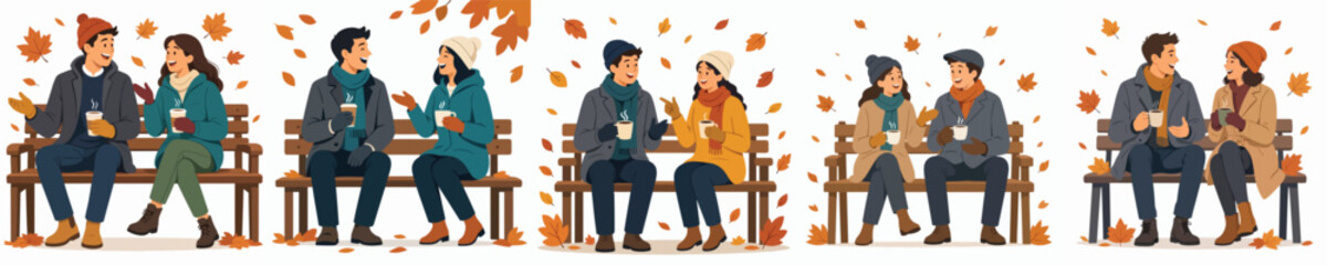 Fototapeta premium A flat vector illustration of a man and a woman sitting together on a park bench, talking outdoors in autumn while enjoying warm coffee