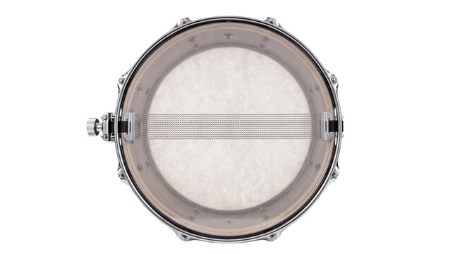 Professional snare drum top view, silver chrome percussion instrument, acoustic drum kit component for music production isolated PNG with Transparent Background