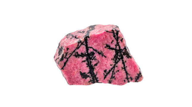 Natural rhodonite crystal specimen, raw pink gemstone with black dendritic inclusions, rough mineral stone for geology and healing isolated PNG with Transparent Background