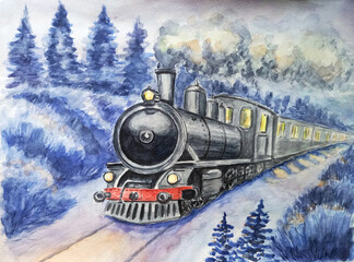 A vintage steam locomotive with carriages travels through a winter forest. Hand drawn watercolor illustration. © koshkamurka