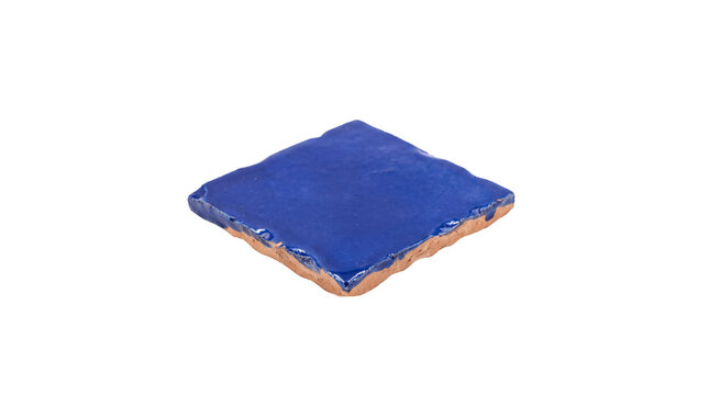 Handmade blue ceramic tile, rustic glazed terracotta zellige, mediterranean cobalt square tile for interior design and home renovation isolated PNG with Transparent Background