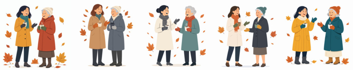 Obraz premium Flat vector illustration of a woman and grandma standing and chatting outdoors in autumn, accompanied by warm coffee