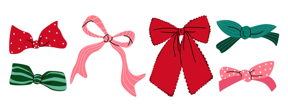 Set of decorative Christmas ribbon bows in red, green and pink colors. Silk accessories with stripes, polka dots and stars. Velvet and satin gift wrapping elements for holiday design