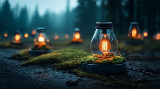 Lanternas brilhantes iluminam o ch&atilde;o de uma floresta enevoada. A luz quente contrasta com o solo escuro e coberto de musgo e com as &aacute;rvores.