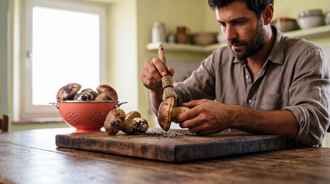 Man cleaning fresh porcini mushrooms with a brush in kitchen