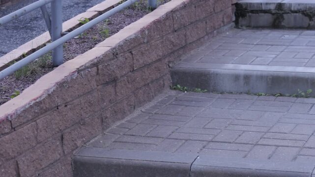 Concrete steps and paved walkway bordered by weathered brick retaining wall; metal handrail and sparse greenery add contex