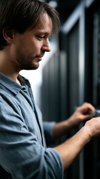 Male IT technician working in server room
