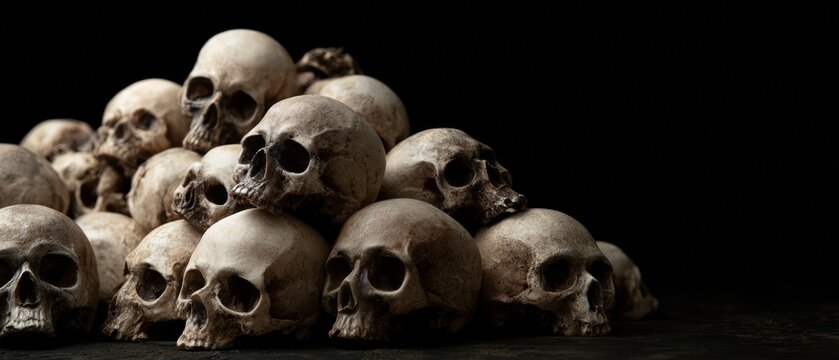 Pile of human skulls in dark eerie setting