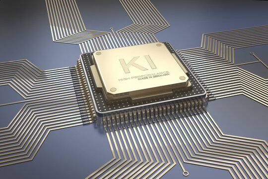 3d KI leistungsstarker Microchip Gold made in Germany, schwarz und Gold mit vergoldeten Leiterbahnen auf Platine mit dunklen Hintergrund . 3D Illustration	
