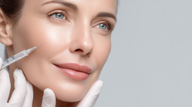 Close-up of a woman receiving a professional facial injection near the cheek from a medical practitioner wearing gloves, representing aesthetic medicine and cosmetic treatment.