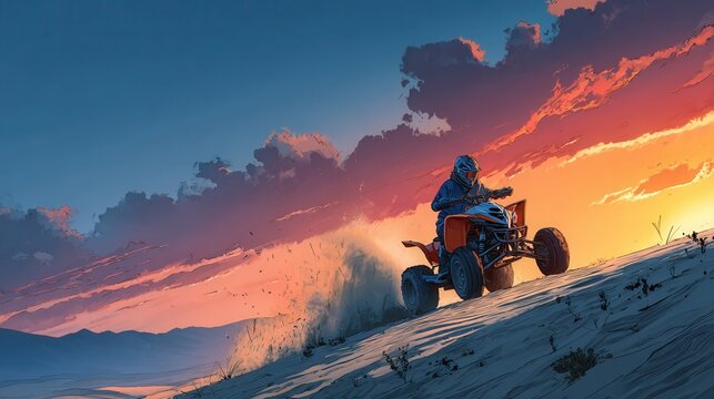 Sandboarding with orange ATV on desert dunes at golden sunset, action and adventure 