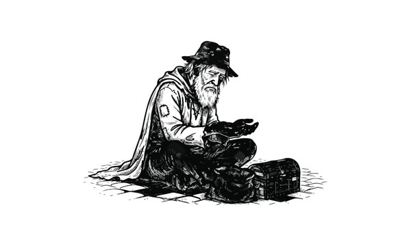 Engraving style illustration of a homeless man sitting on a cobblestone street begging with open hands next to a sack and chest