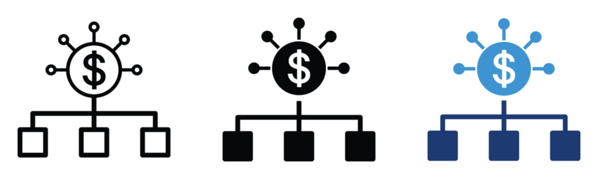 Financial distribution and asset allocation network icon set with dollar coin, investment structure, budget planning and crowdfunding concepts. Vector illustration and transparent png