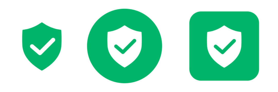 Verified icon set with shield and check symbols. Verification and security check icons for cybersecurity, data protection and privacy